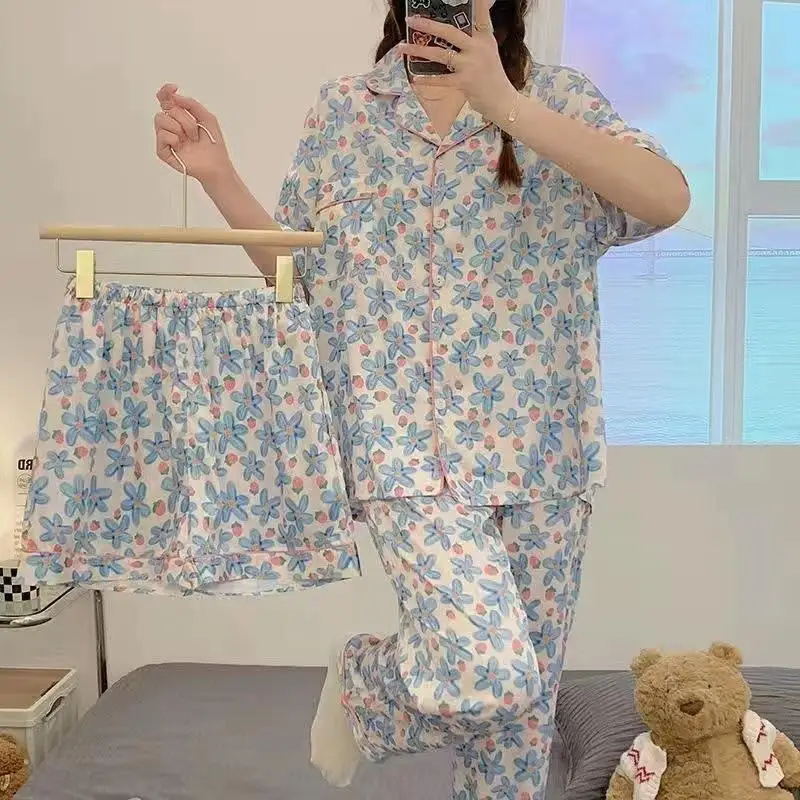 3pcs Pajamas Women's Summer 2024 New Short-Sleeved Lapel Trousers Top Loose Kawaii Clothes Homewear Sense of Luxury BirthdayGift 3