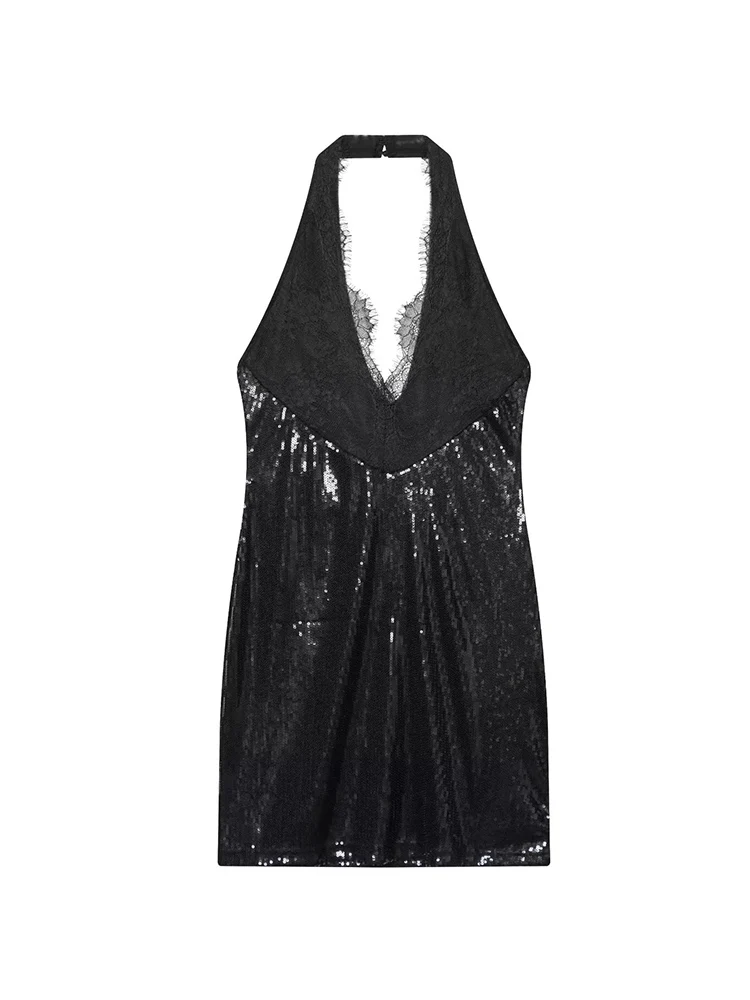 Women Lace Sequin Patchwork Halter Dress Sexy V-Neck Backless Dresses Fashion Shinny Ladies Club Party Sequins Mini Dress