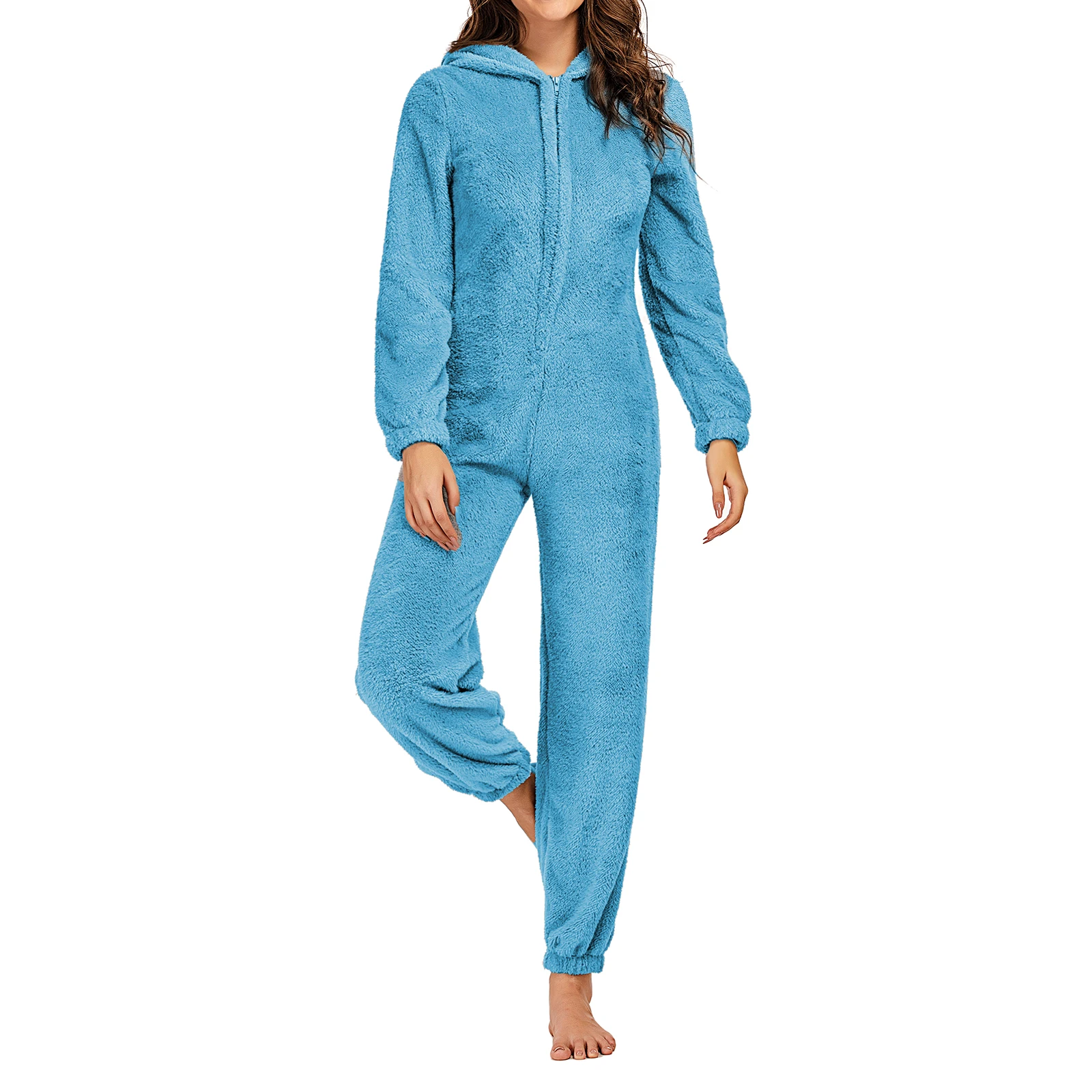 Women's Solid Color Plush Romper Winter Warm Pajamas Loose Long-Sleeve Zipper Hooded Home Wear