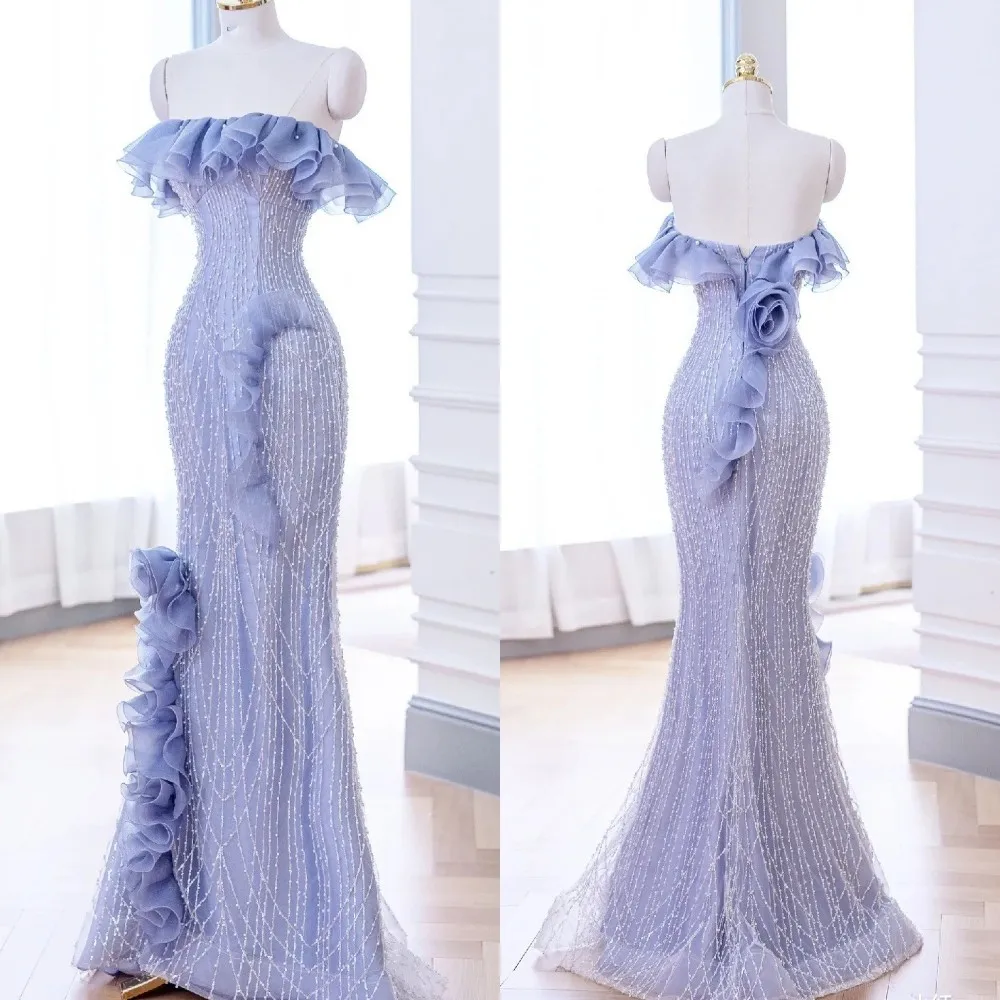 

18157#Elegant Lavender Purple Flower Ruffles Beaded Lace Mermaid Evening Dress Spaghetti Strap Sleeveless Prom Party Women Gown