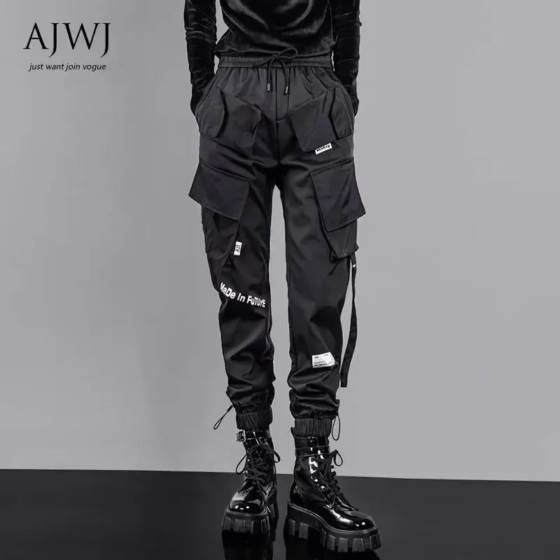 Men's Hip Hop Multi-Pocket Casual Trousers Fashion Laser Cargo Pants Streetwear Solid Sweatpants Elastic Waist Loose Harem Pant