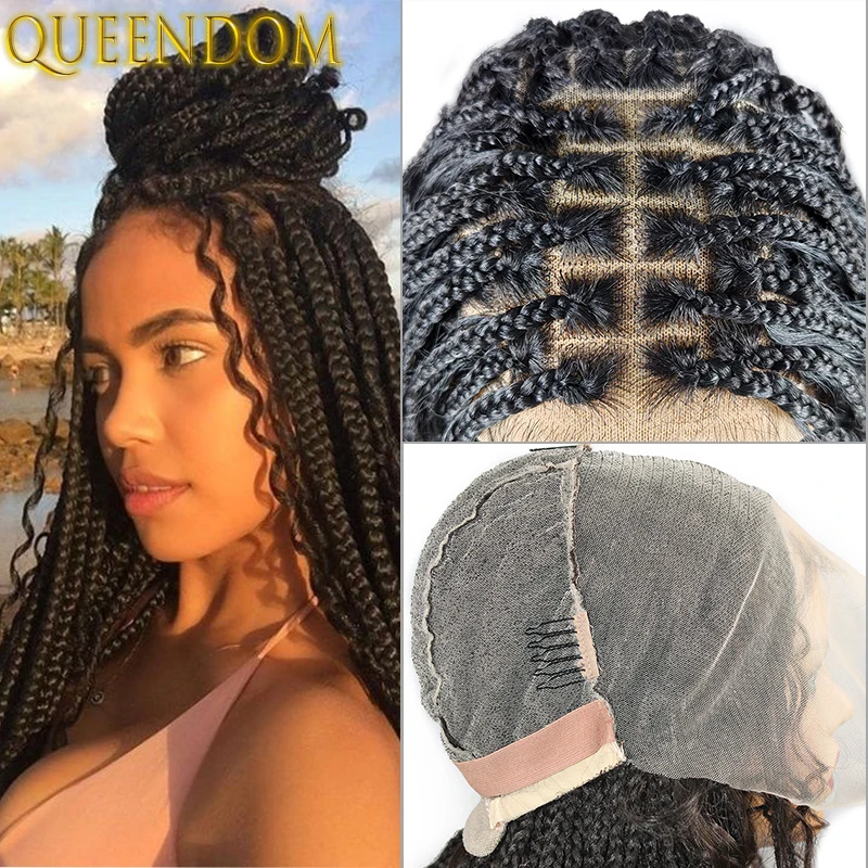 

Black Full Lace Braided Wigs Bohemia Natural Deep Wave Goddess Braids Wig Wih Curly Ends Synthetic Lace Frontal Wig for Braiding