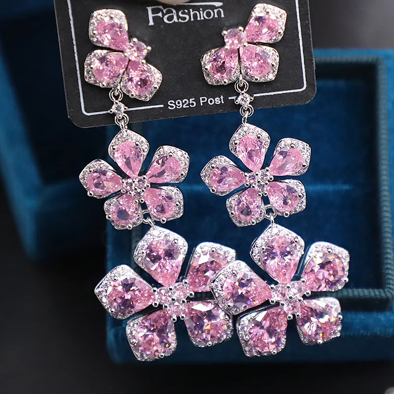 Flower Drop Earrings with Micro Pave Zircon Crystals