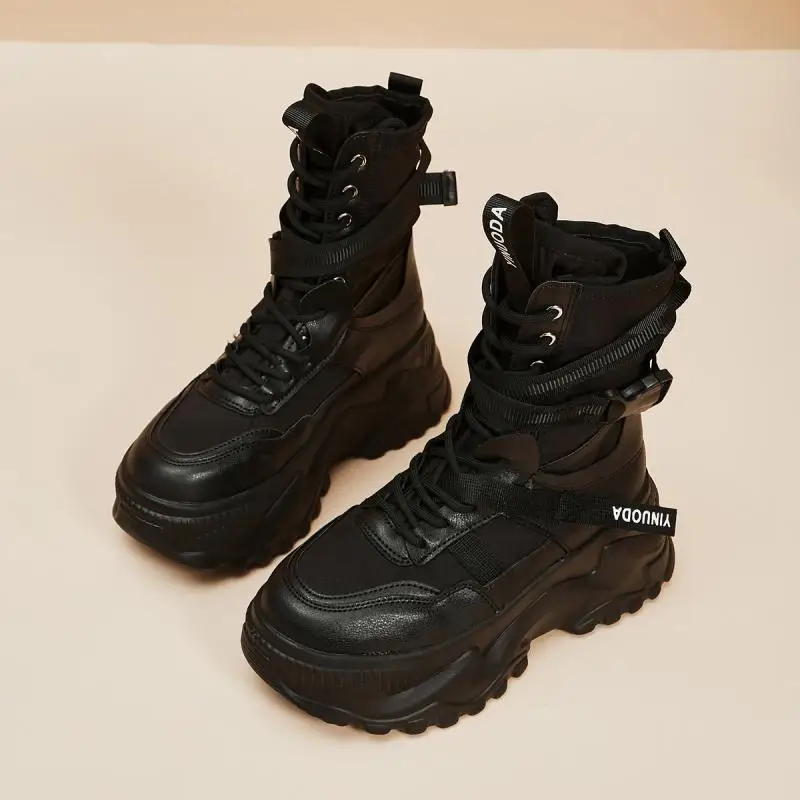 Chunky Platform Black Motorcycle Boots Thick Bottom Lace Up Vulcanized Shoes Woman Autumn Winter 2026 Ankle Botas De Mujer 2022