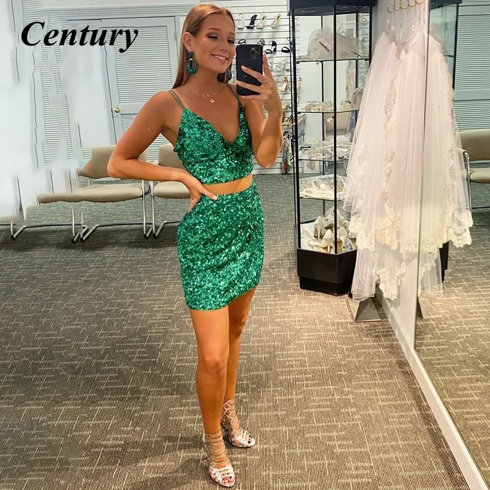 V Neck Green Homecoming Dresses Sequin Mini Cocktail Dress Lace Up Navel  Short Party Dress Graduation Dress Vestidos De Fiesta - Homecoming Dresses  - AliExpress