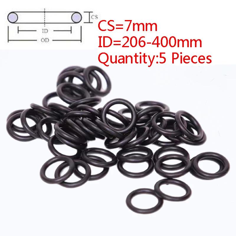 

5Pieces CS 7mm ID 206-400mm NBR Rubber O Ring Automobile Black O-Ring Oil Sealing Gasket