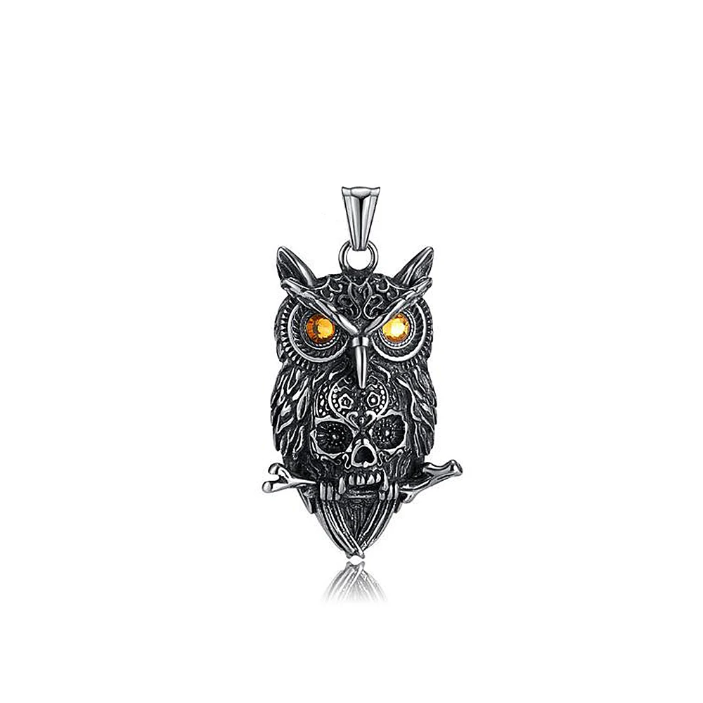 アクセサリー VTG JPG Owl Necklace w/ Skull Ring SILBAZ Owl Skull Necklace for Men Stainless Steel Owl
