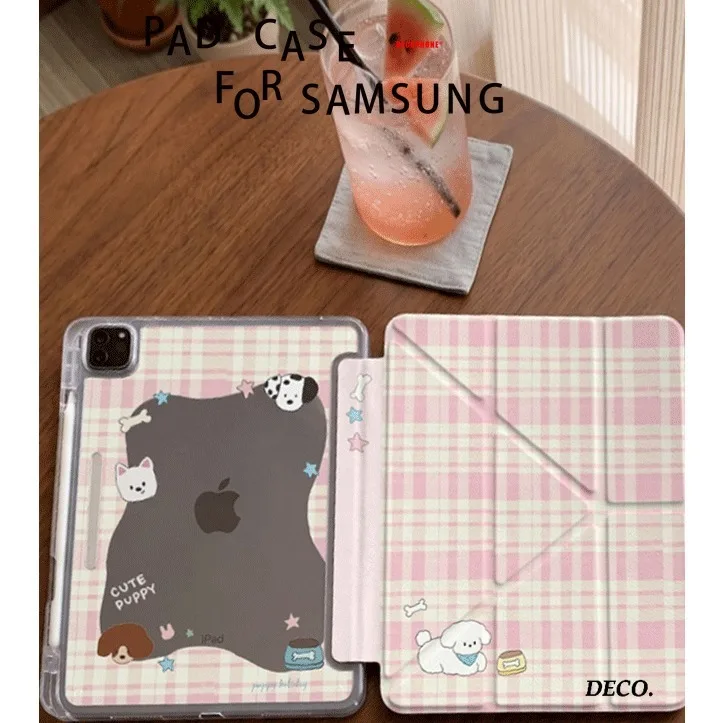 Pink Grid Cute Dog Tablet Case, Multi-Foldable Design
