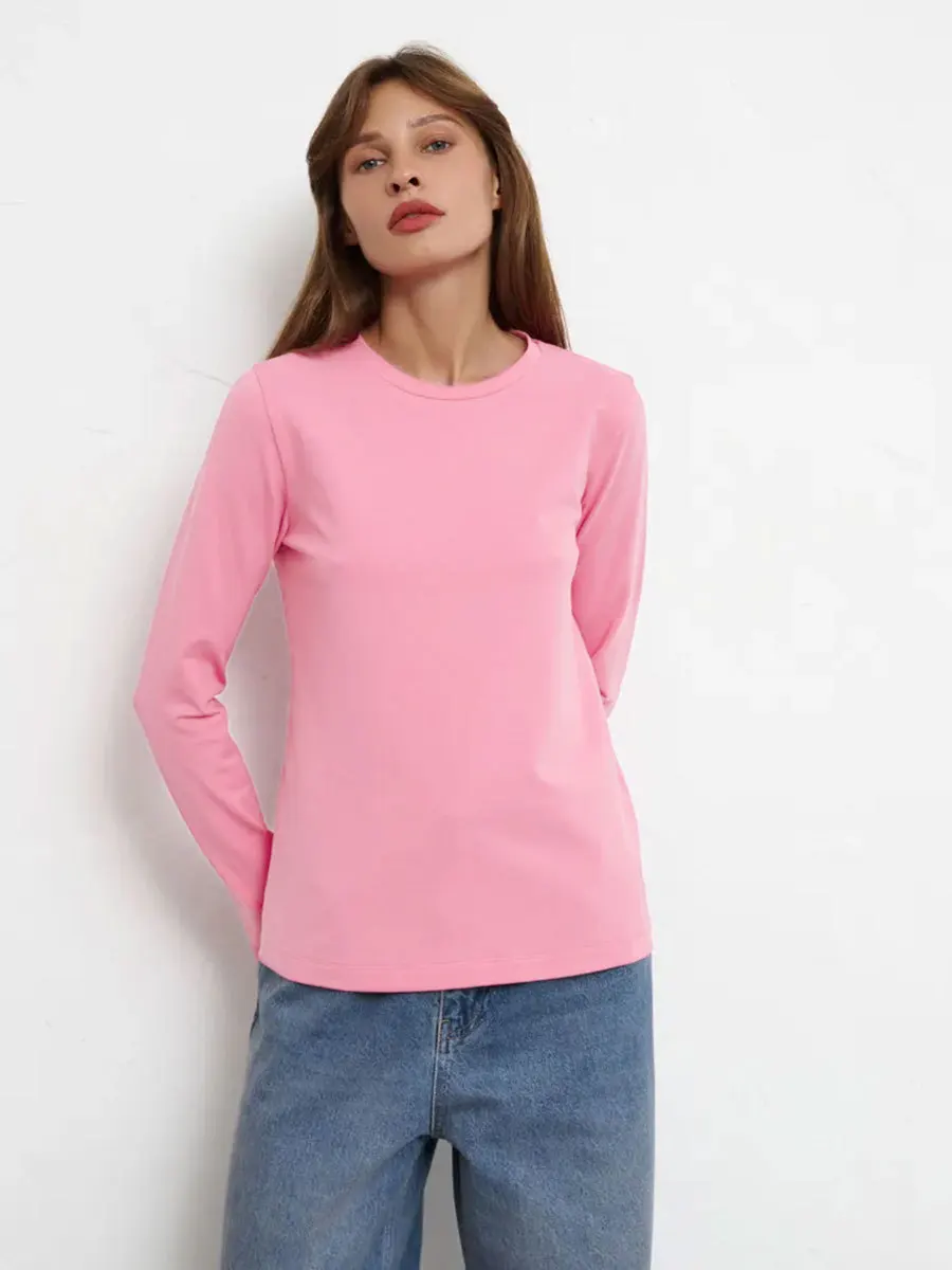 

Fashion Simple Pure Cotton Long sleeved T Shirt Top Autumn New Women's Casual Versatile Round Neck Solid Color Pullover T-shirt