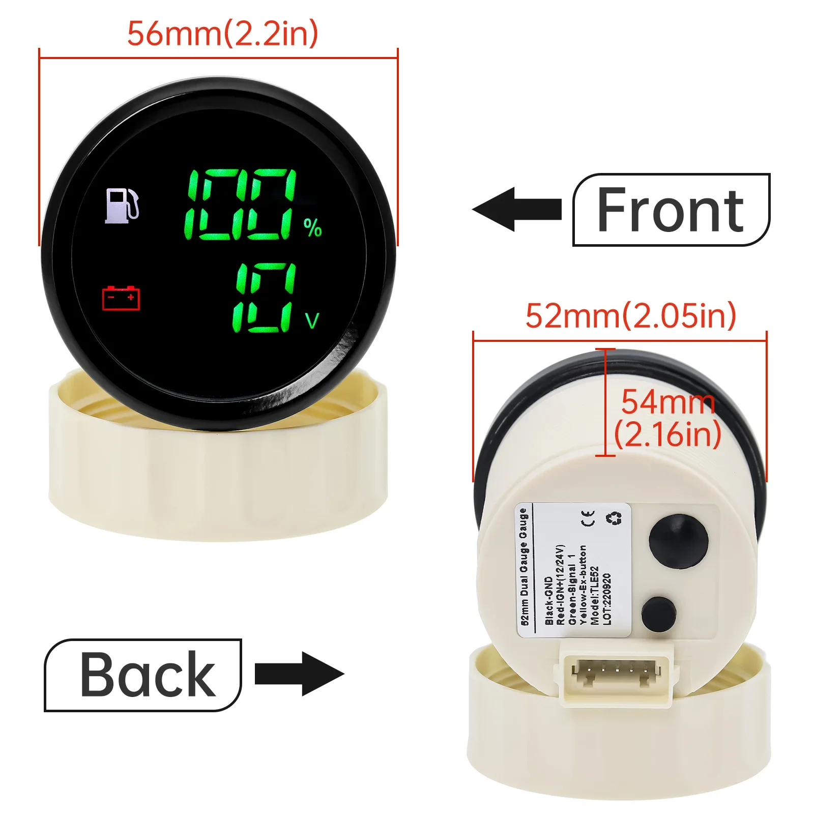 러시아 창고 녹색 LED 디지털 듀얼 게이지, 연료 레벨 계량기 및 전압계, 알람 포함, 자동차 보트 요트, 12V 24VDC, 52mm, 2 in 1