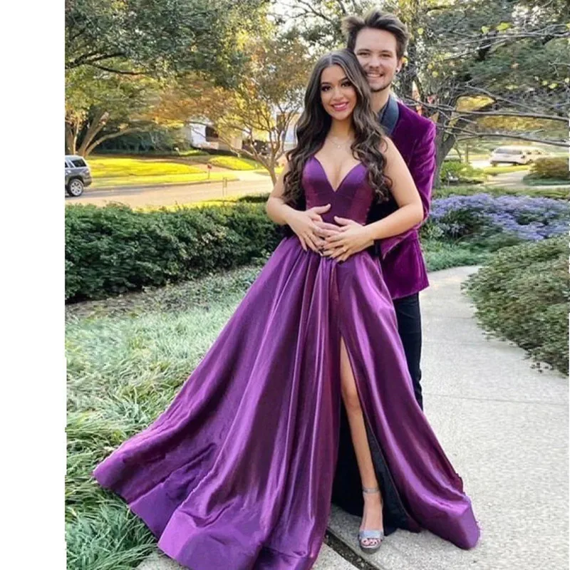 

Charming Purple Prom Dresses A Line V Neck Split Front Sweet Girls Evening Party Gowns 2022 Plus Size Robe De Soiree 16 17 Maxi