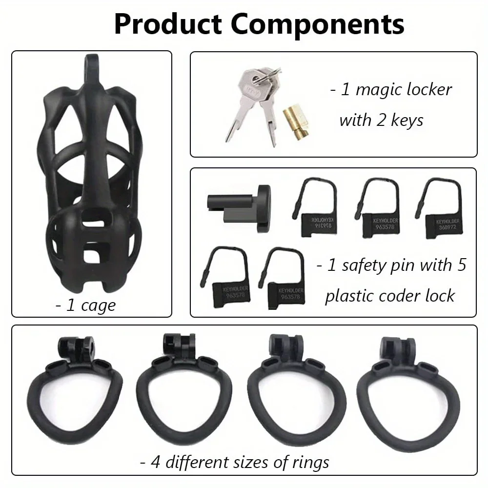 Penis Chastity Cage Chastity Lock Sex Toy Penis Cock Ring Male Penis Lock Chastity Cage with Lock and 4 Rings Resin Virginity for Men Breathable Cock Ring Penis Fetish Restrain