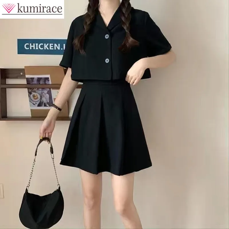 Summer Kpop Temperament Suit Brief Paragraph Coat Loose students Suit Two-piece Pleated Skirt of Tall Waist Institute Wind set brief einer unbekannten