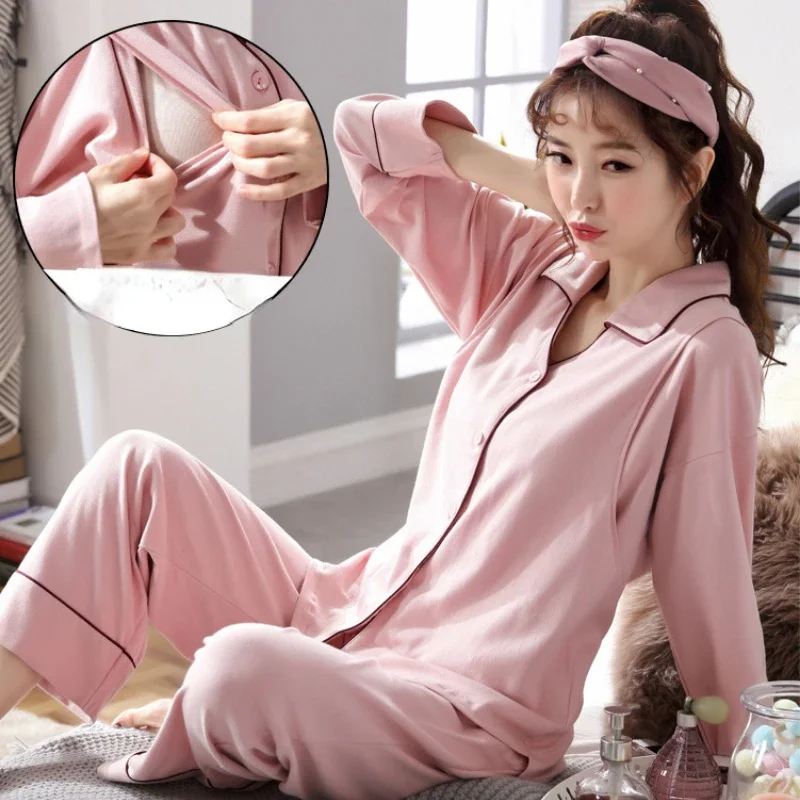 Sleepwear Long Sleeve Cotton Maternity Pajamas Prenatal Postpartum Side Opening Breastfeeding Pajama Sets Homewear Loungewear