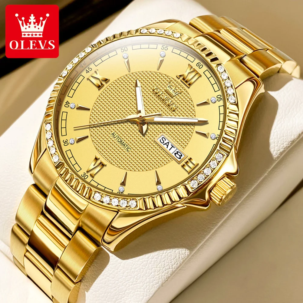 

OLEVS Luxury Gold Mechanical Watch for Men Stainless Steel Waterproof Luminous Week Calendar Fashion Diamond Automatic Watches