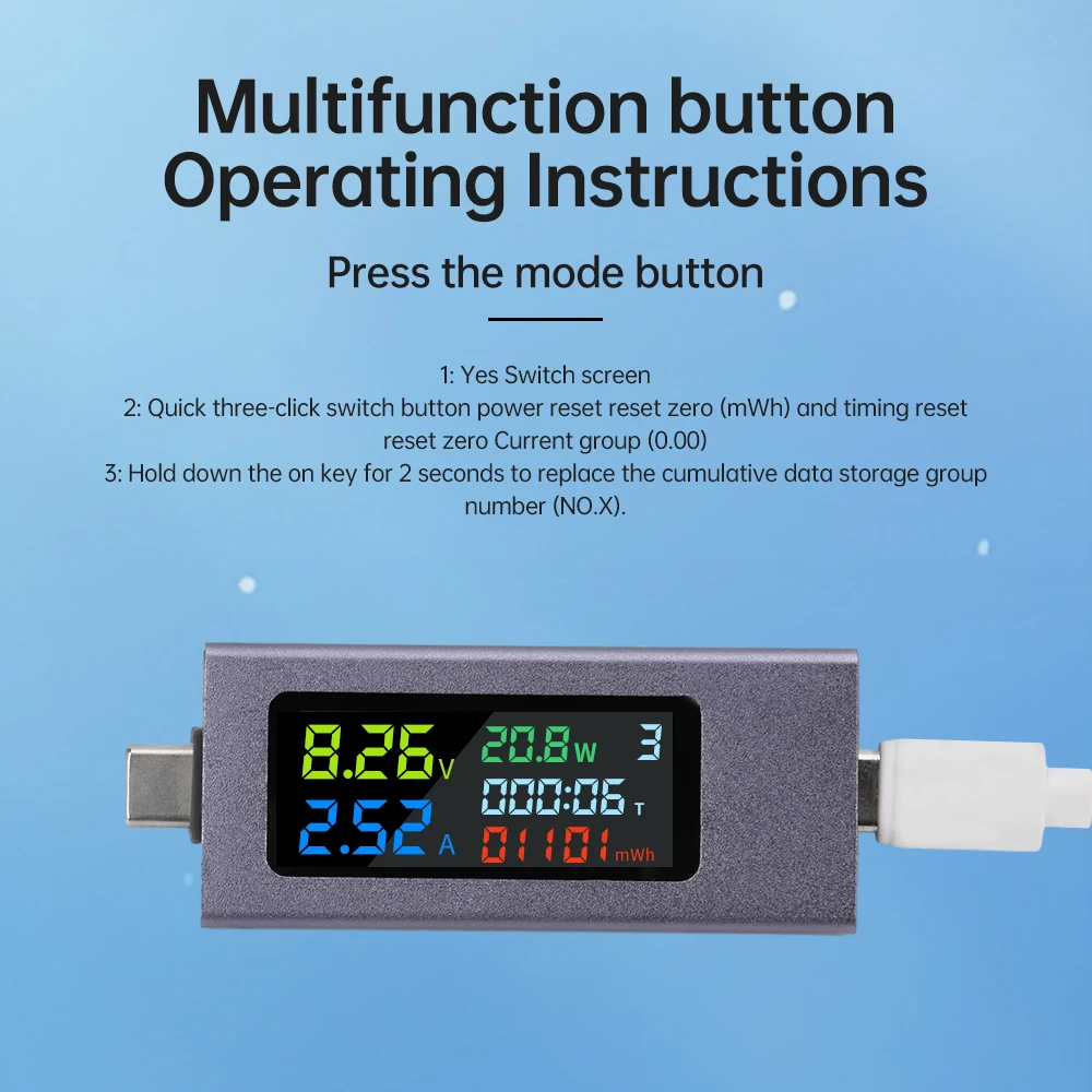 Type-C 테스터 전력계 디지털 디스플레이 전압 전류 USB C 전력계 충전기용 용량 테스터 DC 4.550V 0-8A