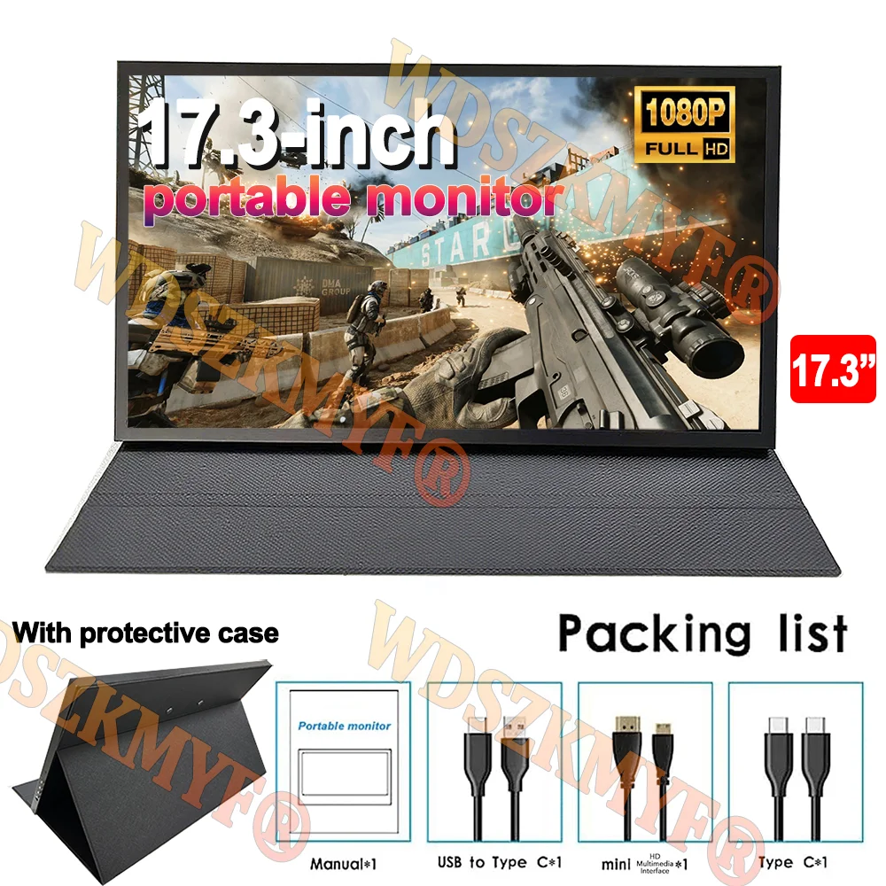 شاشة محمولة مقاس 17.3 بوصة مع حافظة واقية HD IPS ش...