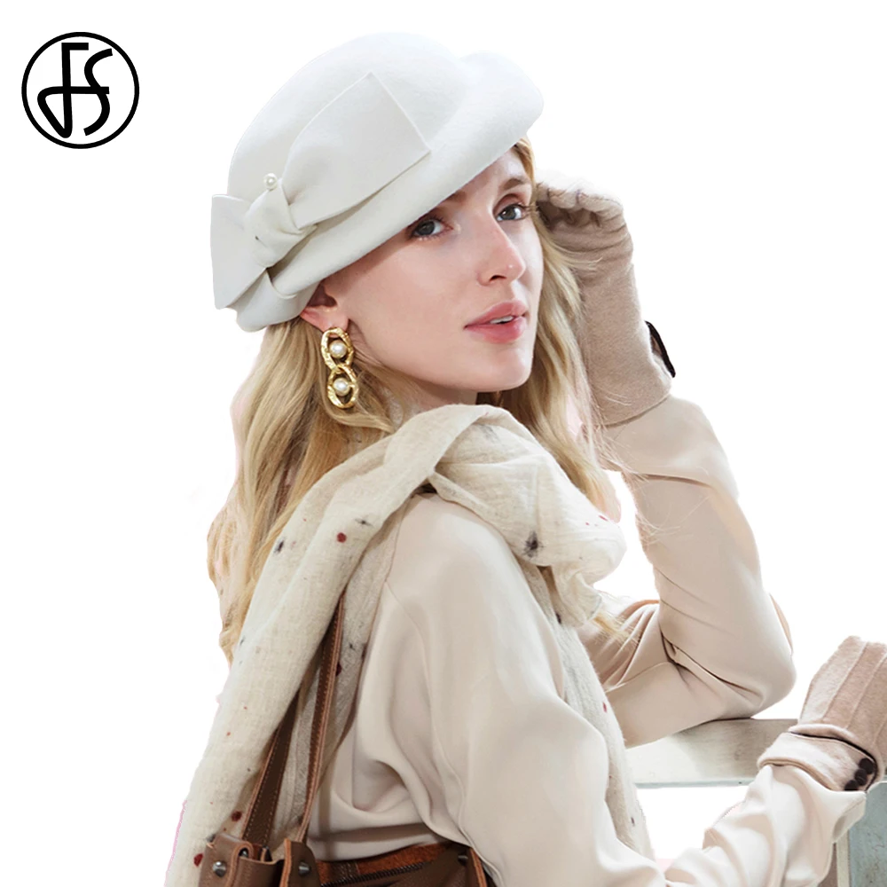 FSWoolFeltHatsForWomenWhiteBeretSpringWinterElegantChurch