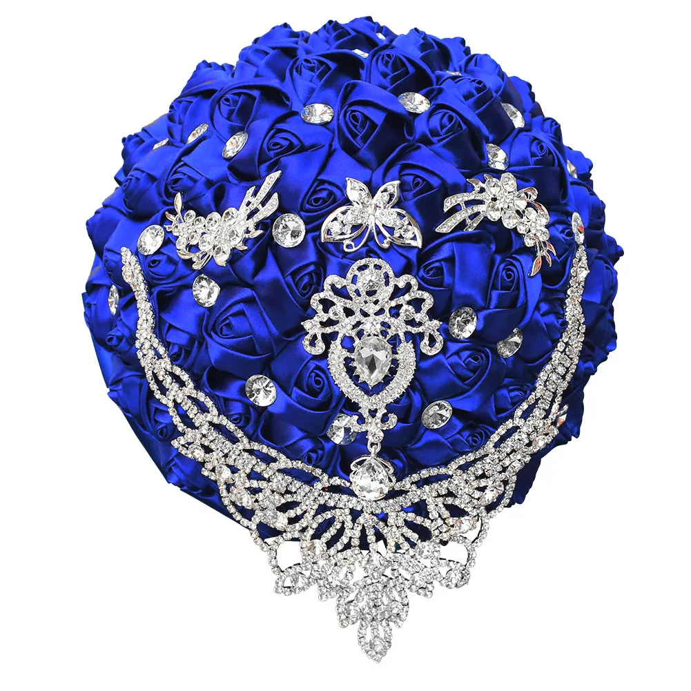Royal Blue Hand Flower Bride and Bridesmaid Bouquet Rhinestone Pearl Luxury Bridal Holding Accessories Wedding Party Decoration