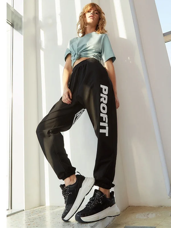 Modigirl Fashion Women\'s Letter Print Printed Loose Casual Pants Elastic Waist Bottoms Sportswear with Pockets