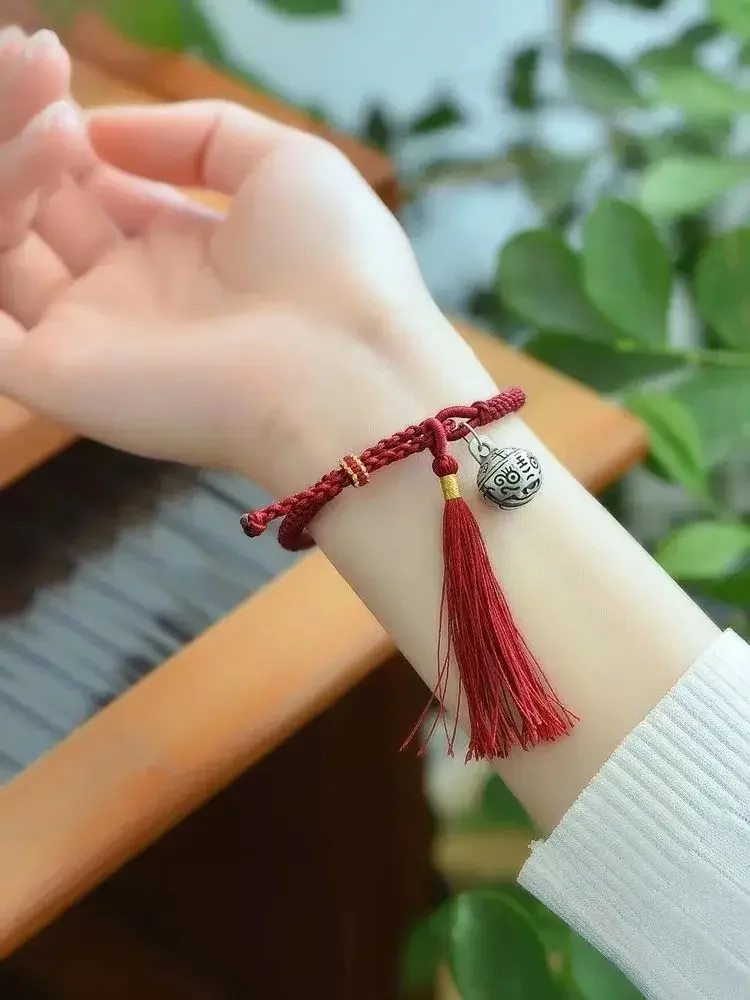 

S925 Sterling Silver Gold Swallowing Beast Bell Charms Red Rope Bracelet Ethnic Style Hand-woven Tassel Hand Rope Gift For Women