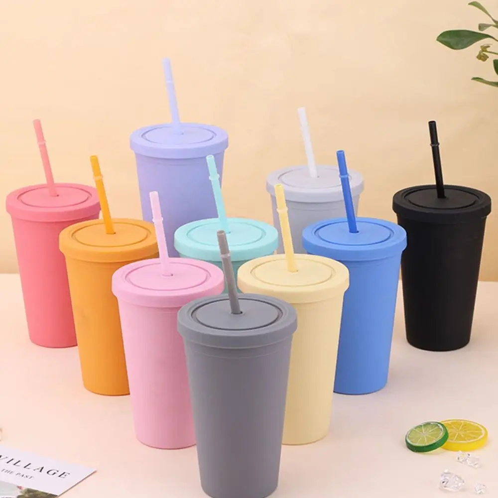 Double Layer Plastic Coffee Cup With Straw, Matte Finish, Portable Sports  Water Bottle, Candy Colors