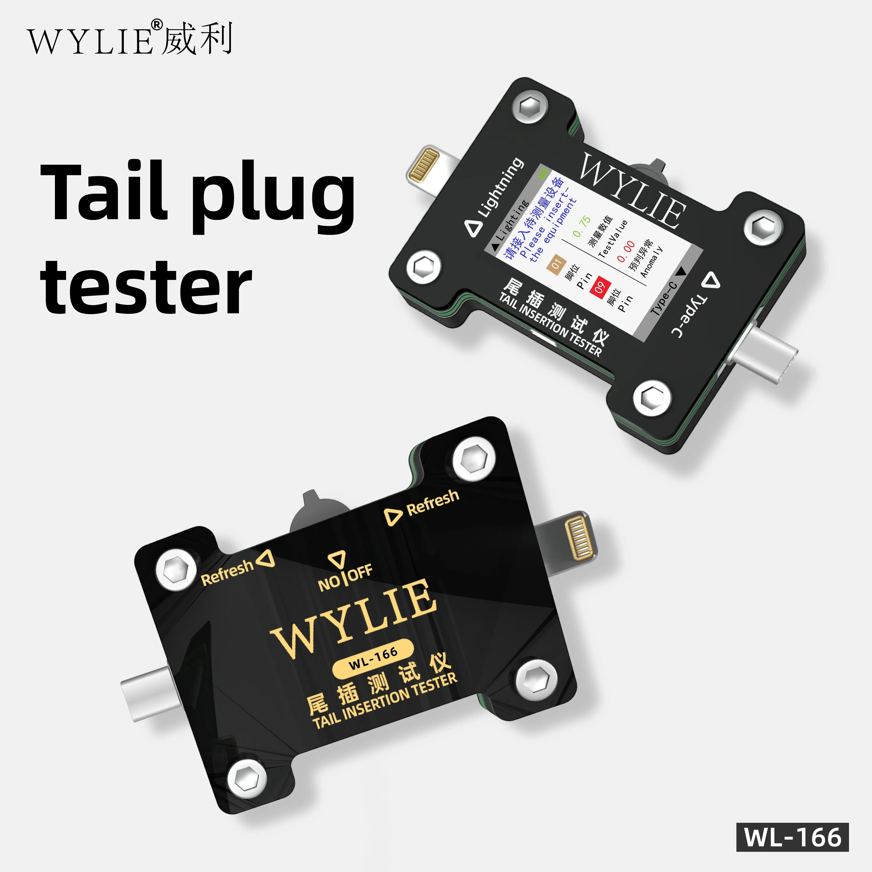 WYLIE WL-166 테일 삽입 테스터 라이트닝/타입-C 포트 테스터 아이폰/안드로이드 자동 고장 감지 HD 디스플레이 수리 도구