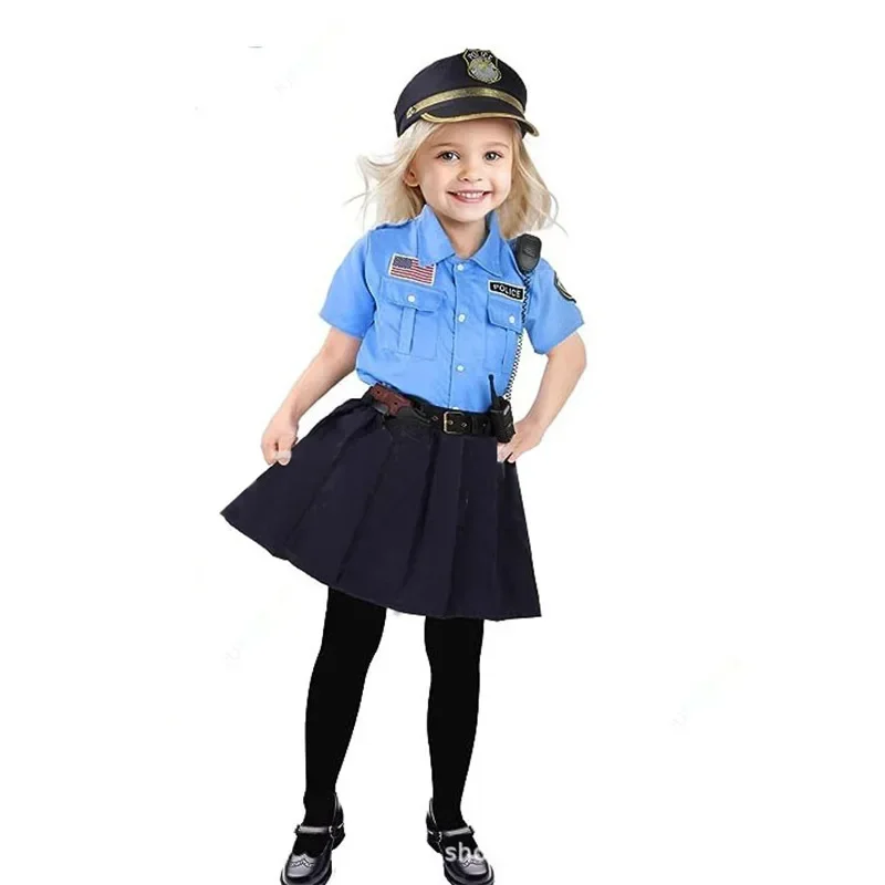 HN8 Halloween Kids Police Officer Uniform Costumes Cosplay Girl's Blue Police Dresses Costume for Christmas Party)4Dc
