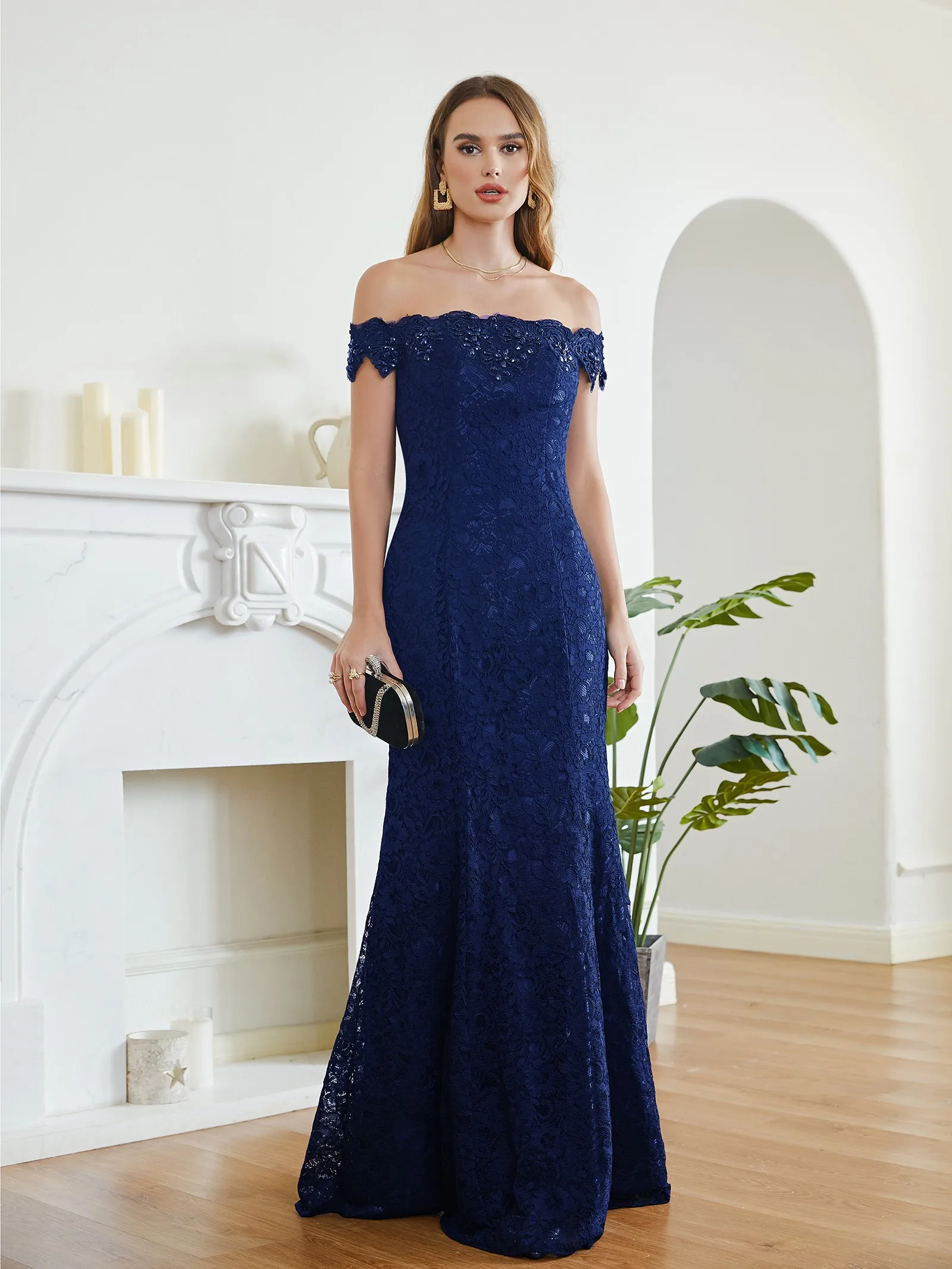 Navy Blue Lace Long Bridesmaid Dresses Eelgant Off The Shoulder Beading Mermaid Gowns For Wedding Formal Party Prom Vestido
