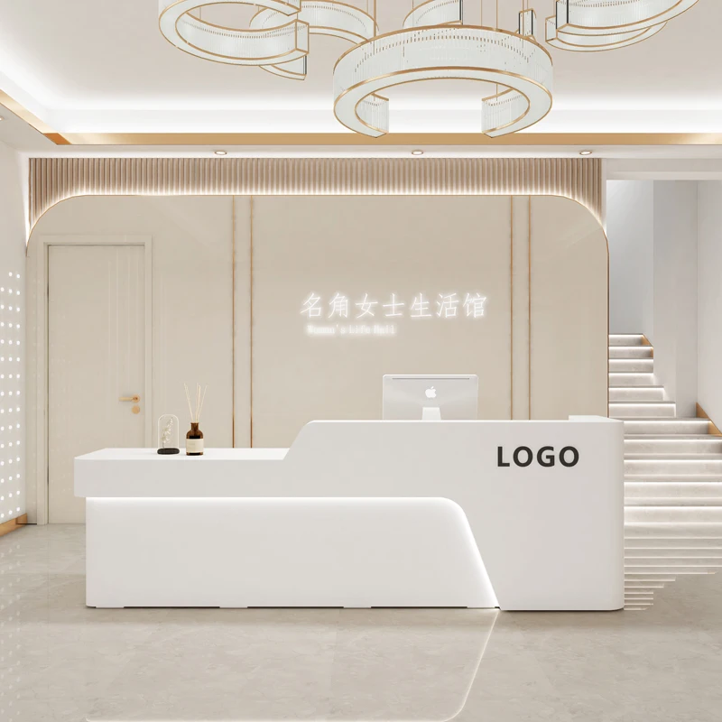 Wood Drawer Reception Desk White Hotel Beauty Luxury Gym Reception Console Information Comptoir Caisse Commercial Furniture