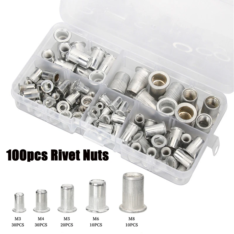 Rivets and Fasteners 190/165/100pcs M3 M4 M5 M6 M8 M10 aluminum flat head rivet nuts nutsInsert cap thread insert rivet nut tool set