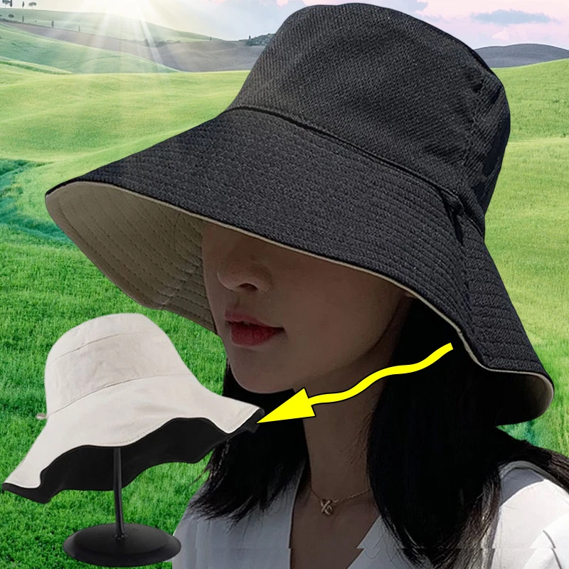 Double-sided Foldable Bucket Hat for Women Girls Summer Sun Hat Visor Fisherman Cap Anti-UV Wide Brim Sunscreen Hats Caps Gorra 1