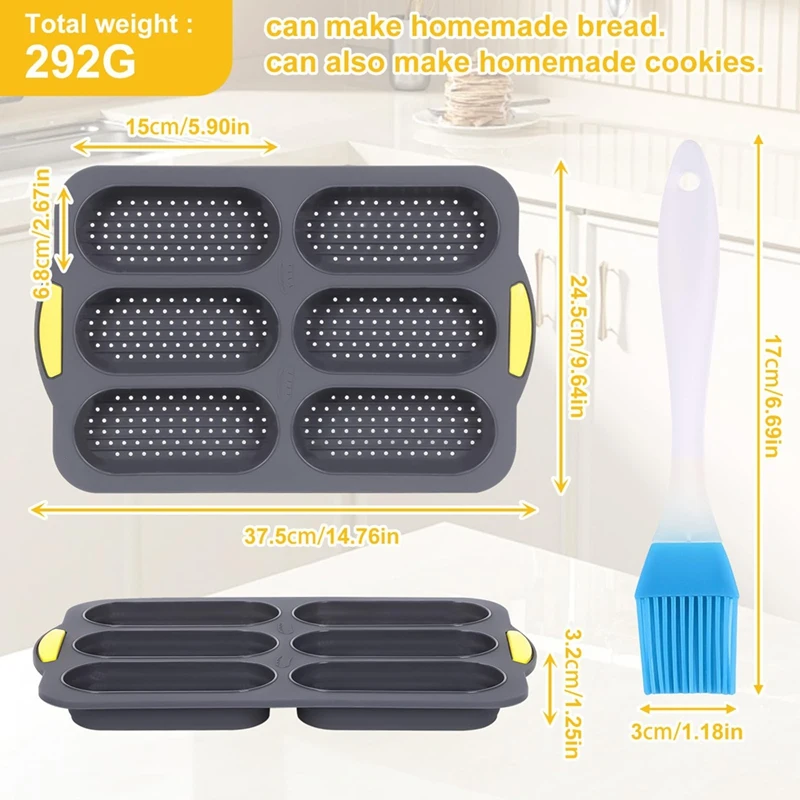 AAAN-Silicone Pan, Hot Dog Bun Pan With Oil Brush,6 Gutter Nonstick French Bread Bake Mold, French Bread Loaf Pan For Hot Dog