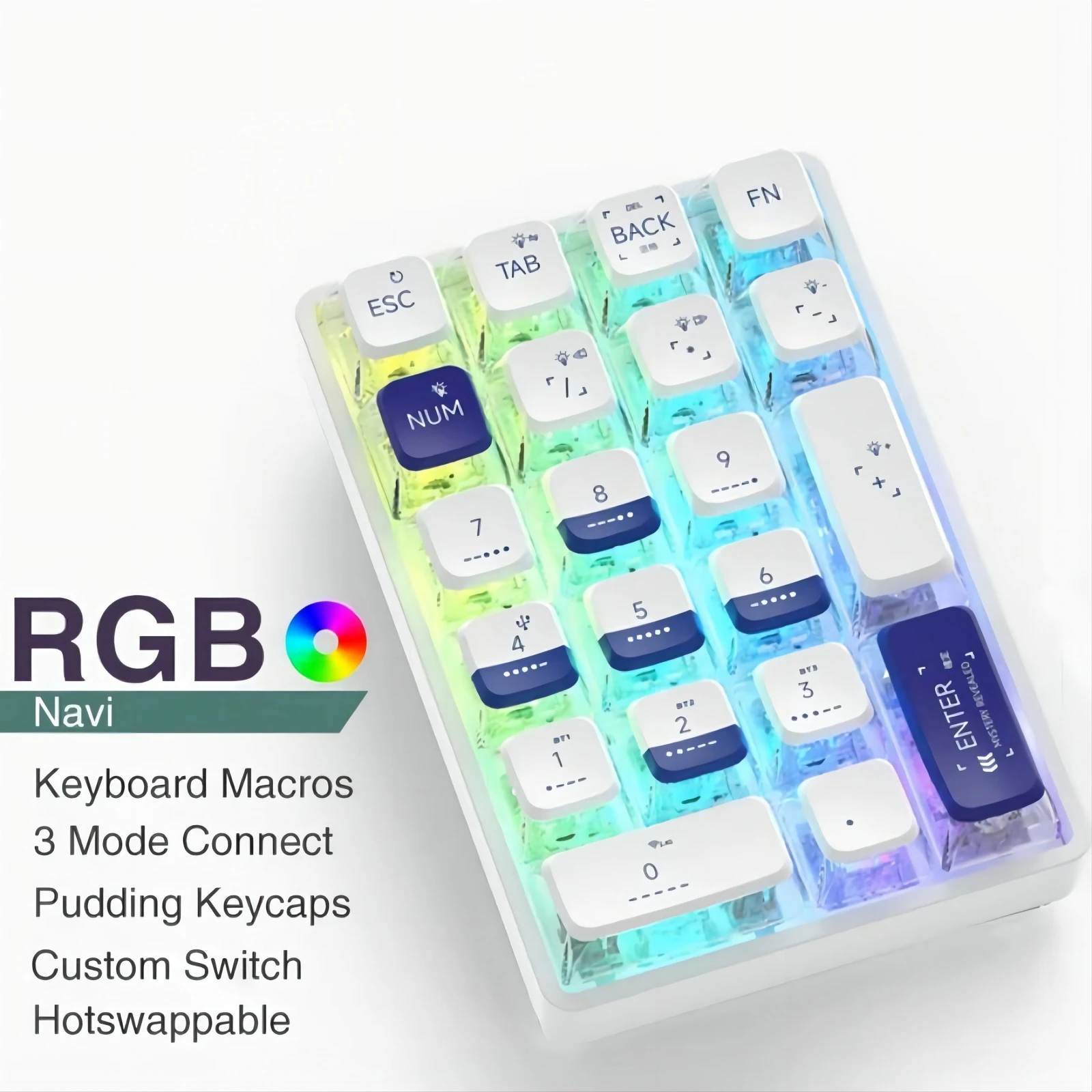 

Wireless Numeric Keypad Bluetooth RGB Backlit Mechanical Keyboard Transparent Numeric Key Pad Three Modes Hot-Swappable 21 Keys