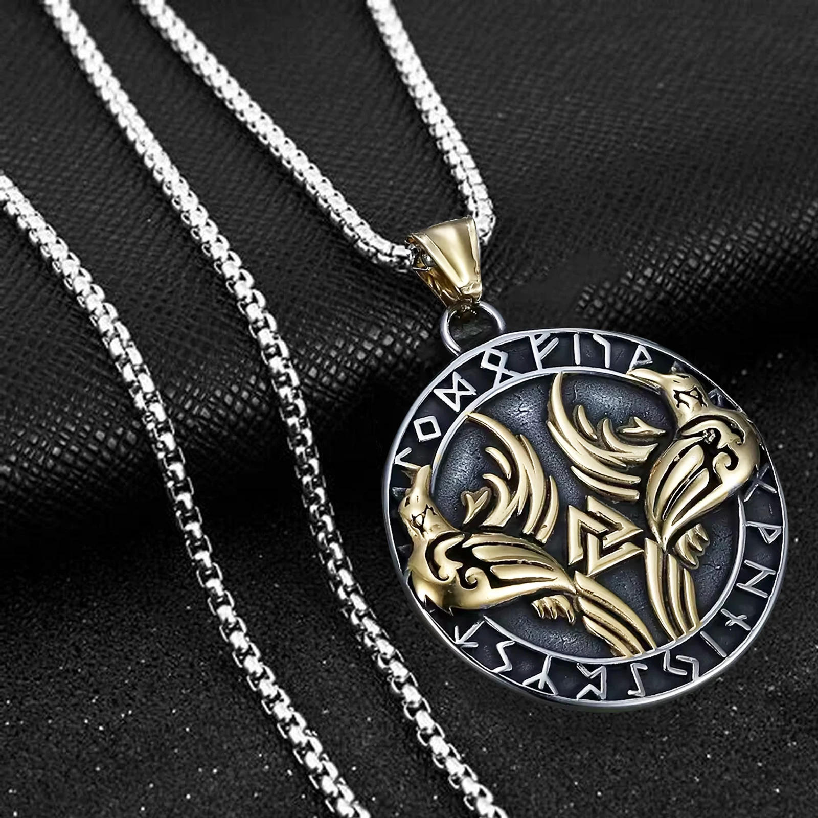 vintage stainless steel jewelry ，The Twin Ravens Pendant raven skull compass viking necklace pendant