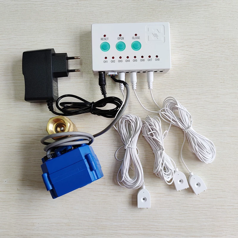 water flood control leakage alarm system with dn20 dn25 dn15 auto shut close brass valve and water detector cable Russian Water Leakage Alarm Device with Brass Smart Valve DN15 DN20 DN25 & 3pcs 6-Meter Long Water Sensor Protection Water Leaks