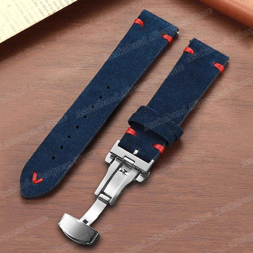 Quick Release Suede Stitching Genuine Leather Watch Band with Butterfly Buckle - Men's Straps