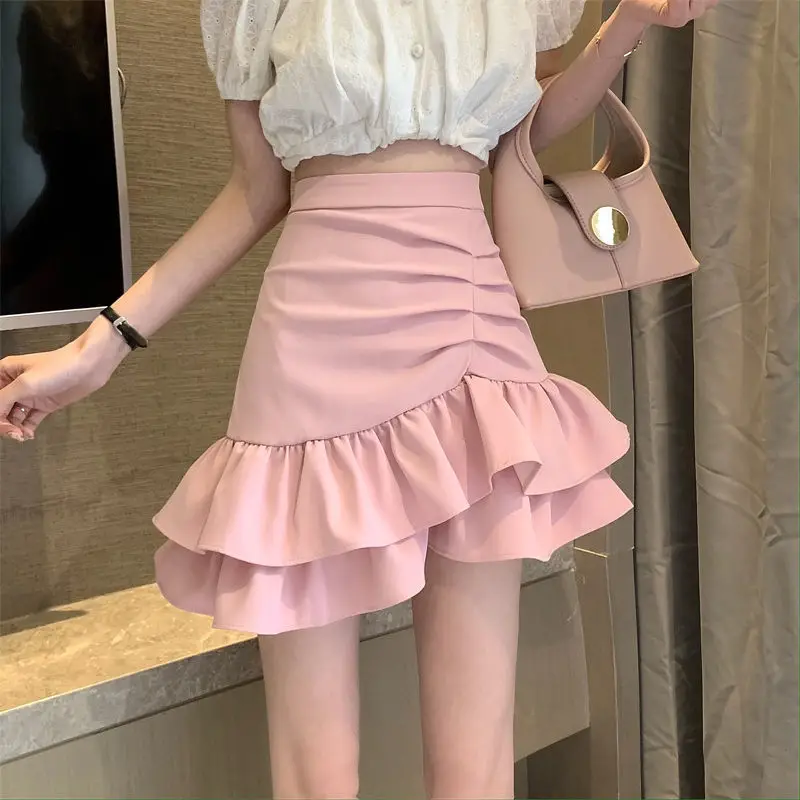 Irregular Pleated Pink Half Short Skirt Summer New High Waist Solid Color Slim Sweet A-line Skirt Fashion Trend Women Clothing