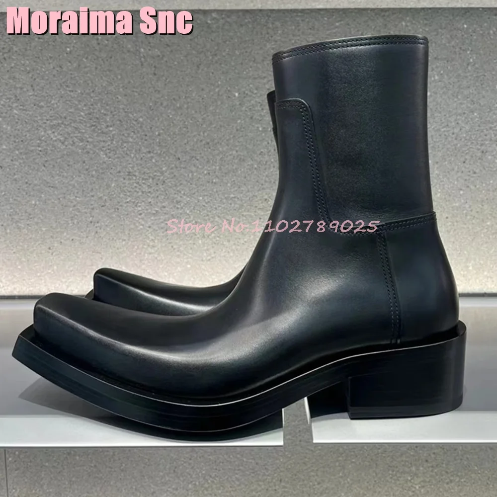 

Upturned Square Toe Ankle Chelsea Boots Side Zipper Block Mid Heel Fashion Women Booties Black Solid Autumn Winter 2024 Newest