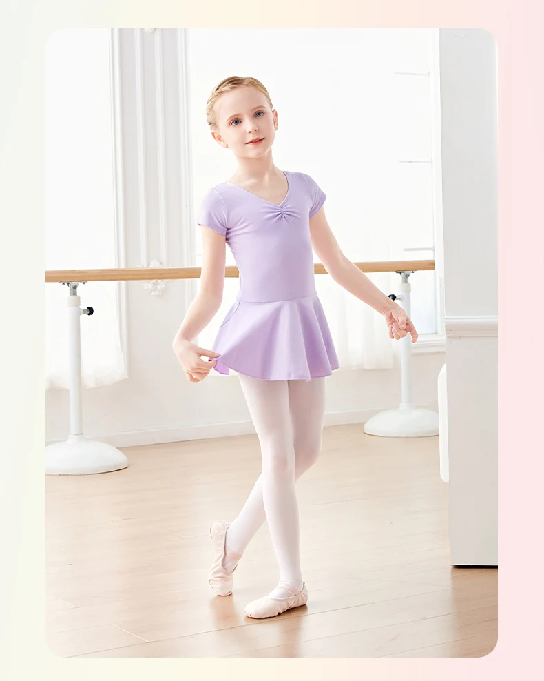 Ballettkleid, Gymnastik-Trikots für Mädchen, Kinder, kurzärmelig, Ballett-Trikots mit Chiffon-Rock, Schleife, Tanzbekleidung, Ballett-Bodys – Detail 14