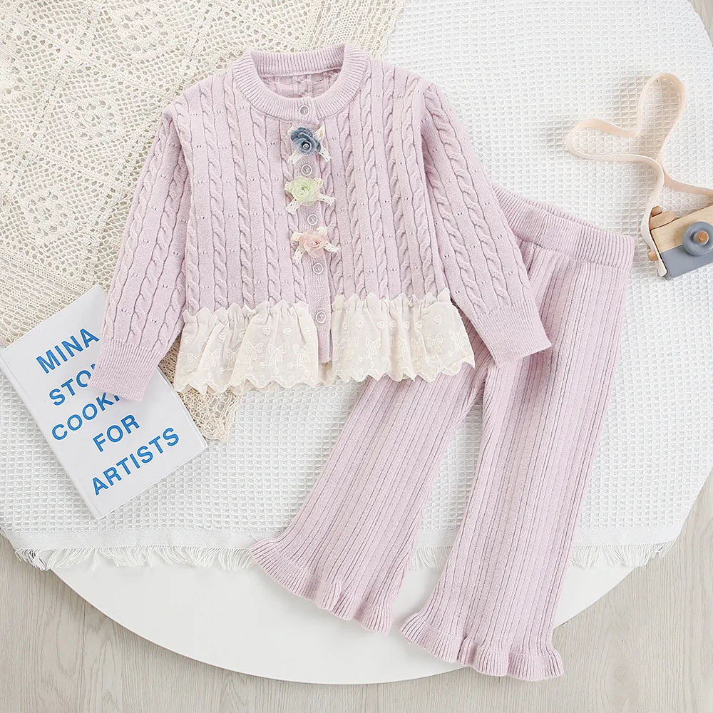 Girls Autumn Knit Sweater Set with Lace and Flower Details