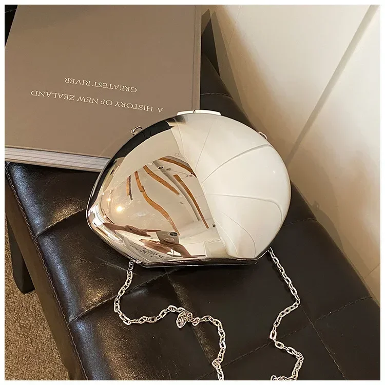 Women Evening Party Bag Designer Acrylic Shell Shape Clutch Bag Gold Silver Cute Shiny Metal Shoulder Crossbody Bags Small Purse - 2