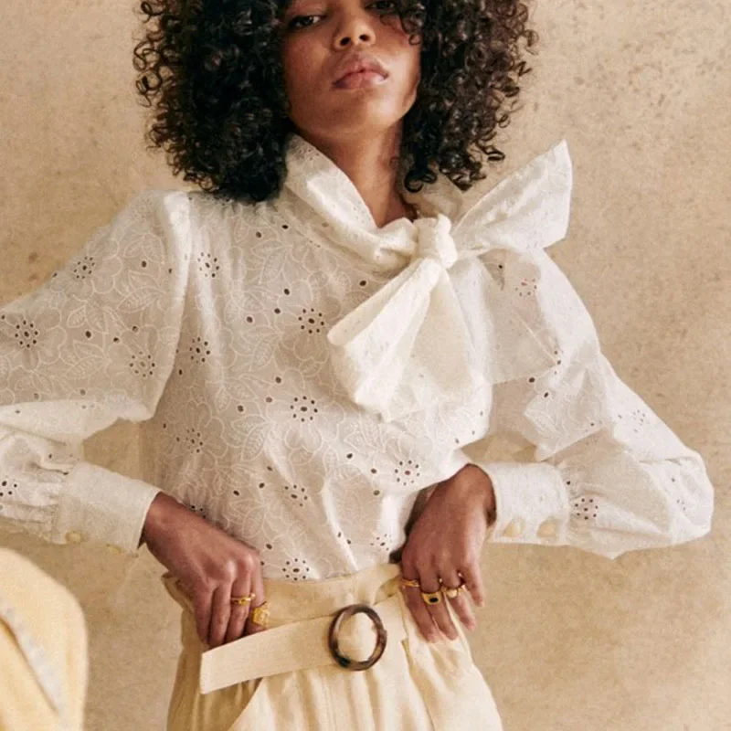 

2023 Spring and Summer Special Price Pure Cotton Women Stand Collar Tie Shirt