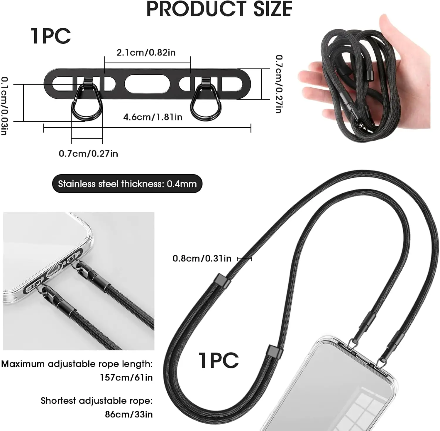 Cell Phone Lanyard, Upgraded Double Buckle Hole Ring Cell Phone Lanyard Patch and Adjustable Neck Strap No-Residue Adhesive-Free 3