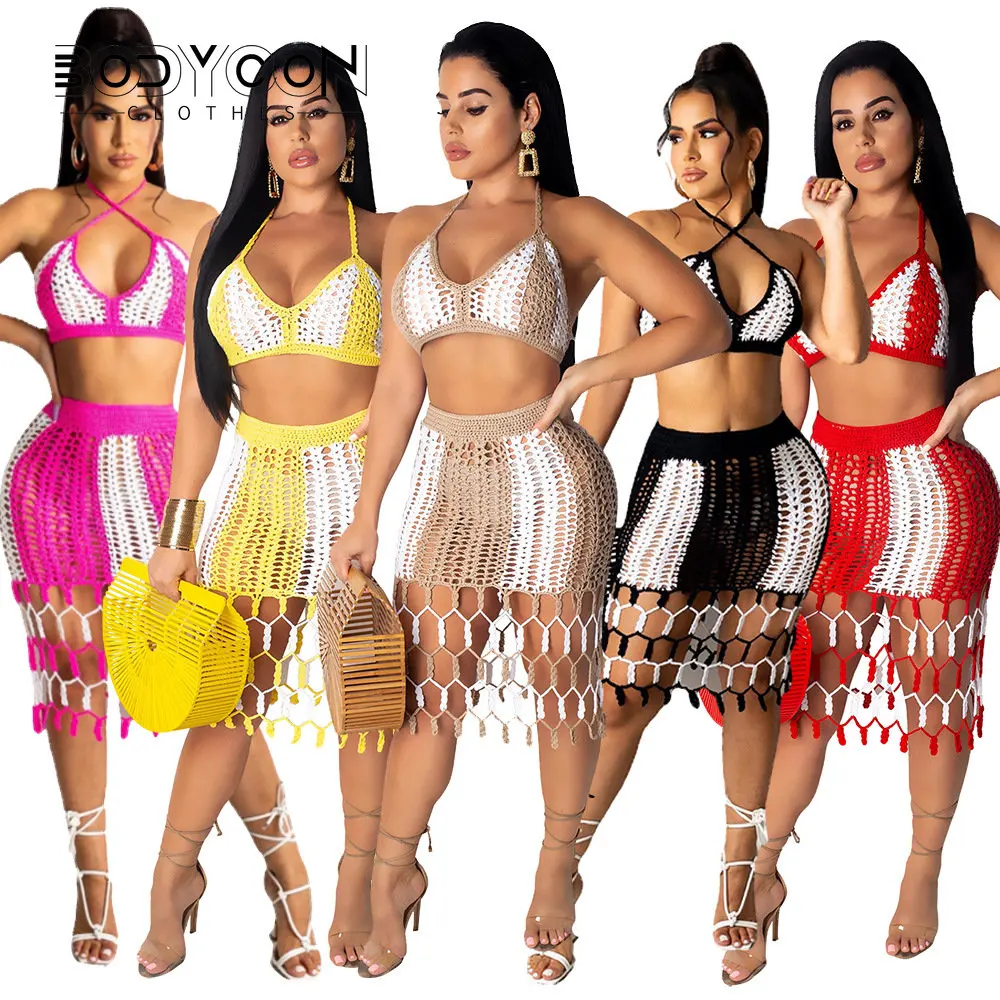 

BODYCON Colorful Hand Crochet Two Piece Set Summer Dress Women Knitted Outfits Lace Up Bra Tassel Maxi Sexy Skirt Beach Cover