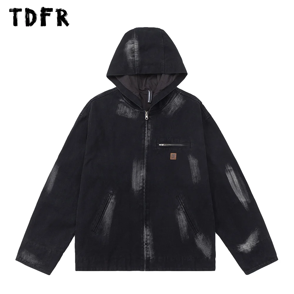 

Pocket Washed Distressed Denim Jacket Mens Autumn Loose Streetwear Long Sleeve Hooded Jeans Jacket Men