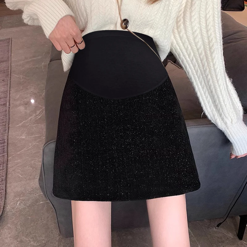 Japanese Style Pregnant Woman Belly Skirt Winter Black Elegant Office Lady Belly Skirts Slim Hips Maternity A-line Mini Skirts
