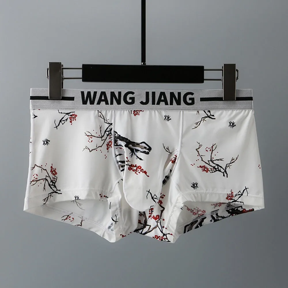 

Mens Sexy Ice Silk Low Waist Plum Blossom Bamboo Printed Stretchy Briefs Breathable U-Bulge Cup Pouch Boxer Underwear Boxers