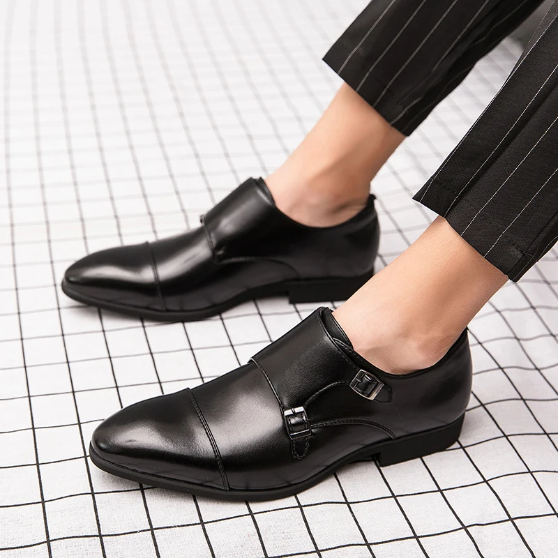 

Модные мужские кожаные туфли Monk Shoes, деловая женская обувь с боковой пряжкой, слипоны, оксфорды, офисные черные туфли с острым носком