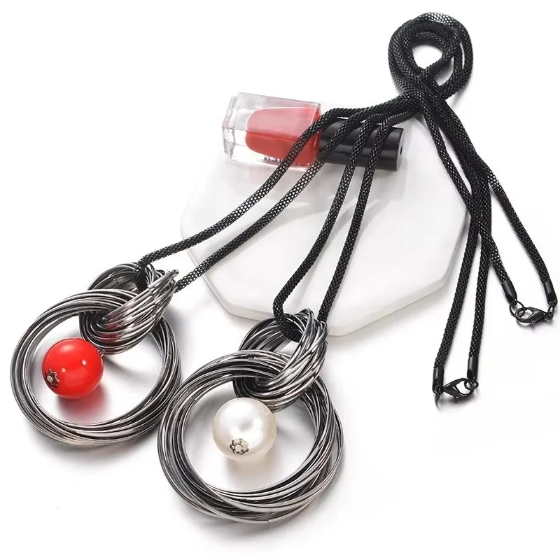 Red White Pearl Ball Pendant Long Necklaces New Circles Simulated Women Black Chain Maxi Necklace Fashion Jewelry Wholesale Gift